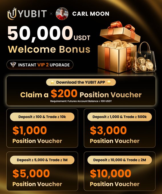 A promotional graphic for YUBIT featuring 'CARL MOON' advertising a 50,000 USDT Welcome Bonus, an Instant VIP 2 Upgrade, and position vouchers ranging from $200 to $10,000.