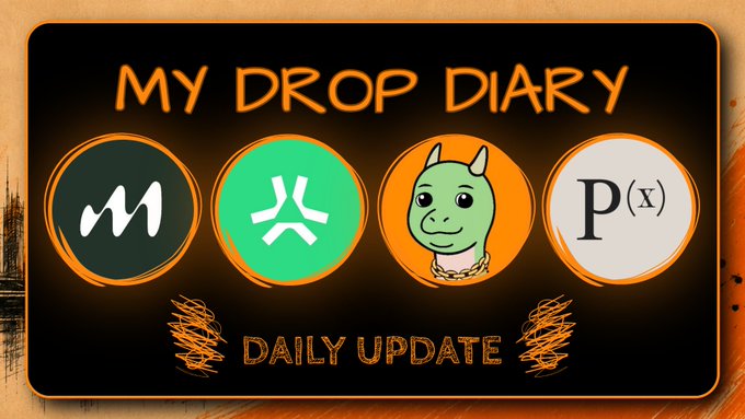 A 'My Drop Diary Daily Update' banner featuring four circular icons for crypto tokens/coins, including one with a green dragon character with horns and gold chain.