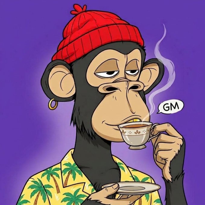 A digital cartoon of a Bored Ape-style monkey wearing a red beanie and a yellow Hawaiian shirt, sipping from a teacup with a 'GM' speech bubble.