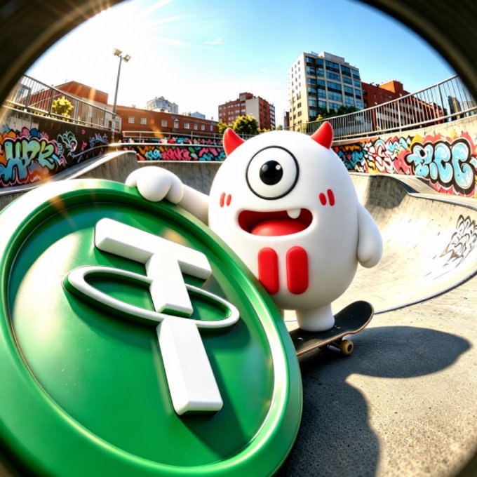 The image shows a cute, one-eyed white cartoon monster with red devil horns and blush marks, riding a skateboard in a graffiti-covered skate park, holding a large green Tether (USDT) coin. It visually represents the giveaway post by combining playful crypto community imagery with the prominent USDT logo, highlighting the $10 Tether prizes being distributed to five winners.