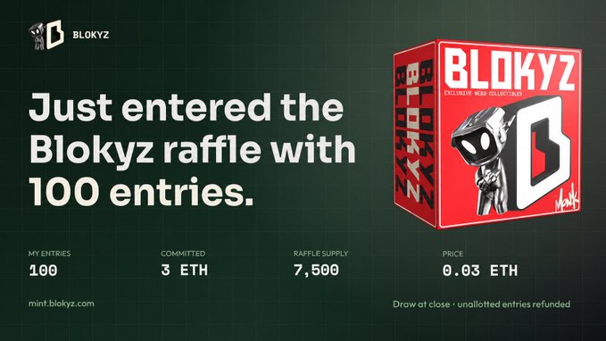 An NFT raffle confirmation screen for BLOKYZ showing 100 entries with 3 ETH committed out of a 7,500 supply at 0.03 ETH per entry, with mint.blokyz.com link.