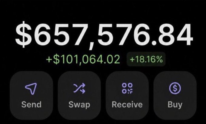 This image displays a cryptocurrency wallet balance of $657,576.84, up $101,064.02 or 18.16%, suggesting the potential for a large airdrop as mentioned in the accompanying text.