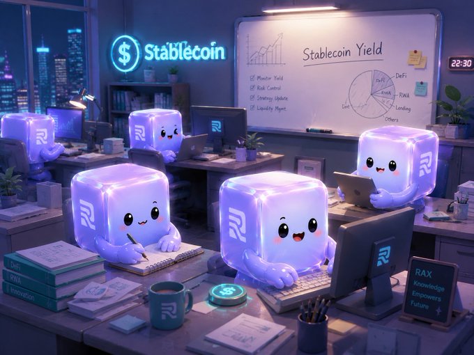 An illustrated office scene with cute Stablecoin cube characters working at computers, with a 'Stablecoin Yield' chart on a whiteboard listing DeFi, RWA, and Lending categories.