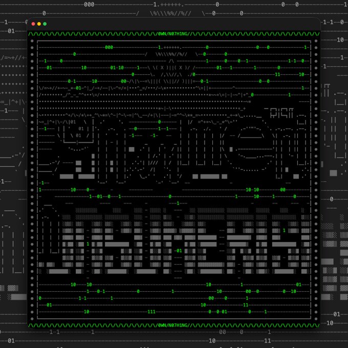 A stylized ASCII art rendition of a retro computer login screen displays 'LOGIN:' and 'PASSWORD:' prompts in gray against a dark background.