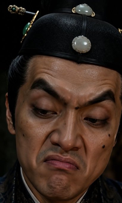 Close-up portrait of an Asian man in traditional headwear with jade ornaments, displaying a somber expression with downcast eyes.