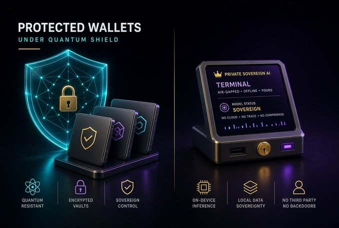 A promotional graphic titled 'PROTECTED WALLETS UNDER QUANTUM SHIELD' showing a 'PRIVATE SOVEREIGN AI TERMINAL' device alongside icons for quantum resistant, encrypted vaults, sovereign control, on-device inference, local data sovereignty, and no third party features.