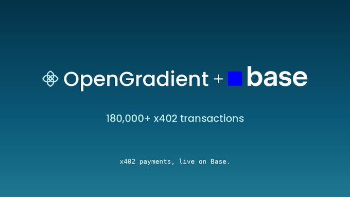 A teal-gradient promotional graphic announces "OpenGradient + base" with the text "180,000+ x402 transactions" and "x402 payments, live on Base." beneath the logos.
