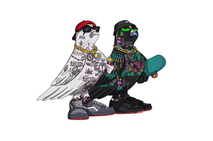 An illustration of two pigeons adorned with tattoos, gold chains, a red cap, sunglasses, and sneakers, with slogans like 'SHUTTER' and 'CCS' on their bodies and clothing.