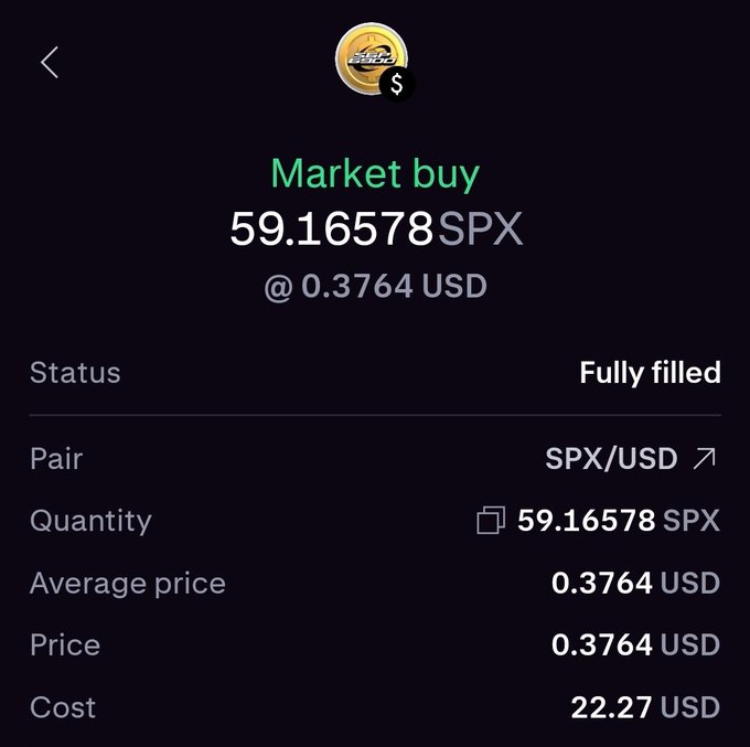 A cryptocurrency trading confirmation screen shows a market buy of 59.16578 SPX at 0.3764 USD, fully filled for 22.27 USD on the SPX/USD pair.