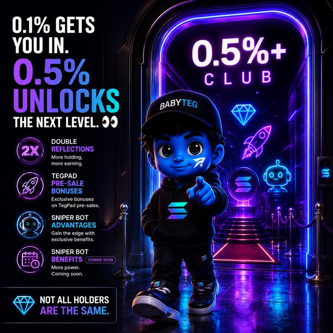 The image displays a cartoon boy standing in front of a neon sign, with text surrounding him that explains the content. The poster encourages people to join a new level of a game called "BABYTEG" or "solana", where players can access multiple benefits and bonuses for joining this new edition of the game. It also mentions that the post has been sponsored by two entities - Tegpad and Tegpad pre-sale discounts, which offers unique advantages to its users if they join the game early. The poster does not contain any actual currency or transactions, but it is centered around the theme of entering a new gaming level in the context of the game "BABYTEG".