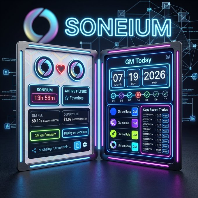 A futuristic neon-lit dashboard for Soneium blockchain showing GM (Good Morning) Today date display (07/19/2026), with options for 'GM on Soneium' (fee $0.10) and 'Deploy on Soneium' (fee $1.02), alongside GM on Base, GM on Ink, GM on Rob, and GM on Sone copy trade buttons.