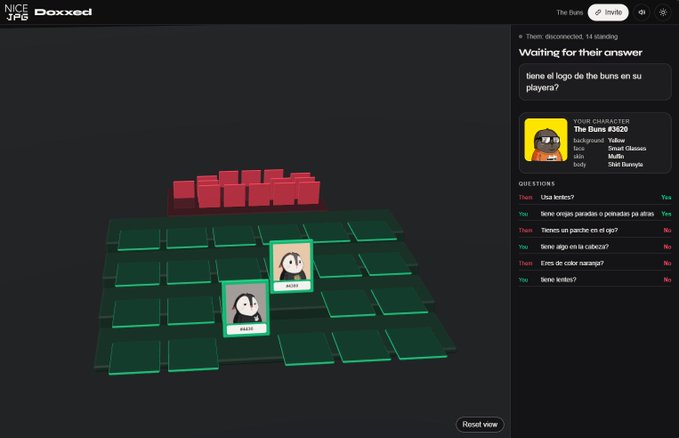 A screenshot of the Doxxed game on nicejpg.com showing a 3D grid of character tiles with a character named 'The Buns #3620' displayed alongside a trivia question about whether they have a Buns logo on their player.