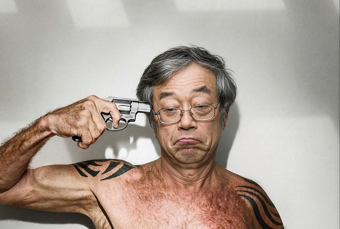 A photograph of an older, shirtless Asian man with glasses and tribal tattoos on his arms, holding a silver revolver to his own head against a plain white wall.