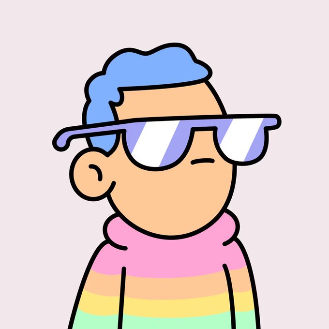 A cartoon-style illustration of a person with tan skin, blue hair, wearing futuristic purple-tinted sunglasses and a pastel rainbow-striped shirt.
