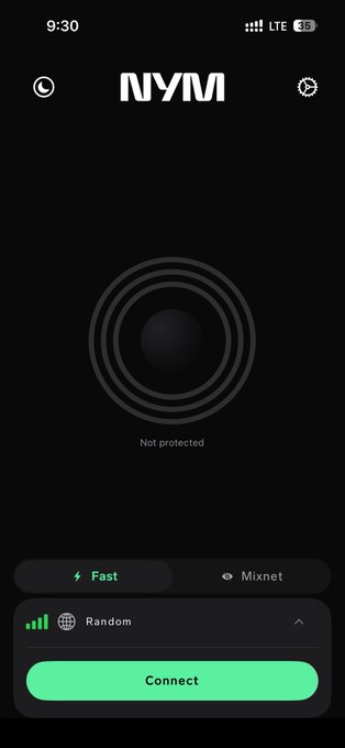 The Nym VPN app displayed "Not protected" status at 9:30 with 35% battery, featuring options for "Fast" and "Mixnet" modes with a "Connect" button. The image illustrates the pre-connection state described in the post, where the dark, unconnected interface with concentric circles visually represents the unprotected online activity the decentralized mixnet aims to shield from tracking.