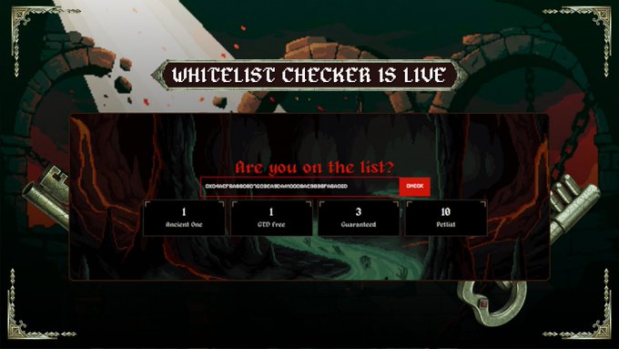 The image displays a "WHITELIST CHECKER IS LIVE" interface from Pet Lab: Showroom, featuring a fiery, hellish landscape with chains and a sword, prompting users to check "Are you on the list?" by entering their wallet address. Below the input field, statistics show "1 Ancient One," "1 GTO Free," "3 Guaranteed," and "10 Petlist" slots available.