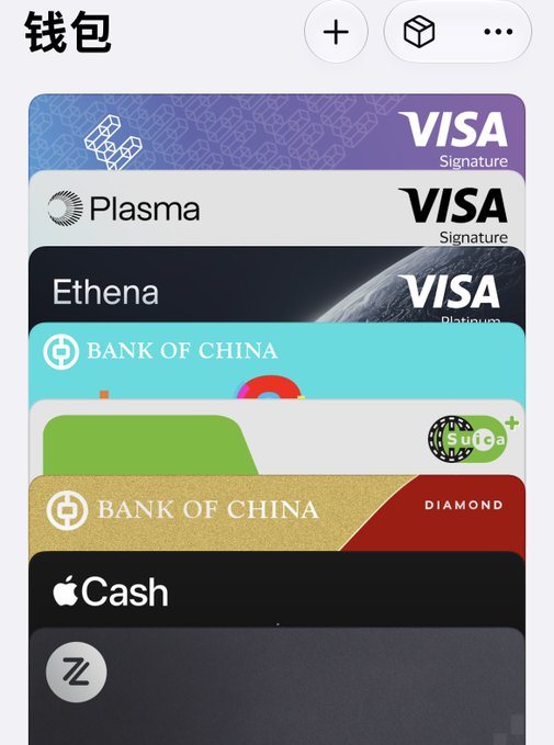 A screenshot of an Apple Wallet app in Chinese (钱包) displaying multiple stacked cards including Plasma VISA Signature, Ethena VISA Platinum, two BANK OF CHINA cards (one DIAMOND), Su'aa, Apple Cash, and a Z card.