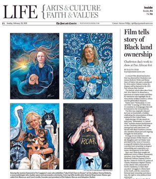 The image is the front page of the LIFE Arts & Culture section from The Post and Courier, dated February 25, 2025, featuring a story titled "Film tells story of Black land ownership" about Darlene Byers' show at the African Art Museum. Below the article are four portrait paintings of women, with a caption crediting artist Colleen Breem. The post relates to the image by highlighting a significant artistic accomplishment—a solo exhibition in a two-story museum in South Carolina—which the artist is now documenting as provenance for minting an NFT collection.