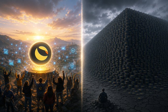 The image is split into two contrasting scenes: on the left, a vibrant community celebrates under a glowing sunset, rallying around the Terra Luna Classic ($LUNC) emblem with shields and symbols of hope, while on the right, a lone figure sits in a desolate cracked landscape dwarfed by an overwhelming mountain of identical $LUNC tokens, visually representing the post's theme of community resilience battling against the insurmountable 5.52 trillion token supply.