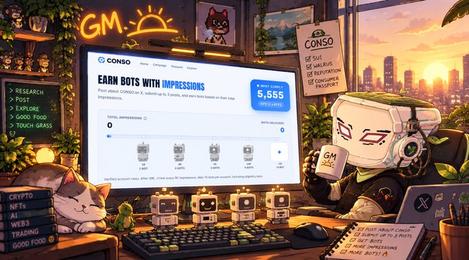 An anime-style illustration showing a cyberpunk robot character holding a "GM" mug, sitting at a desk with smaller robot companions, with a monitor displaying "EARN BOTS WITH IMPRESSIONS" on the Conso platform.