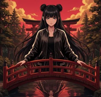 An anime-style illustration depicts a girl with black twin buns and a black jacket standing on a red bridge against a red sky.