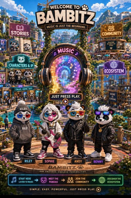 A vibrant, busy digital poster for 'BAMBITZ' features four panda-like characters named Riley, Sophie, Andy, and Benny holding instruments and 3D glasses, surrounded by sections for Stories, Characters & IP, Music, Community, and Ecosystem.