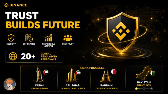 The image is a Binance promotional graphic titled "TRUST BUILDS FUTURE," highlighting the exchange's security, compliance, responsible growth, and user trust, with over 20 global regulatory approvals. It showcases Binance's MENA progress, featuring Dubai's VARA licensing, Abu Dhabi's ADGM global licence, Bahrain's Category 4 licence, and Pakistan's regulatory progress, underscoring the post's message about addressing trust concerns in Pakistan.
