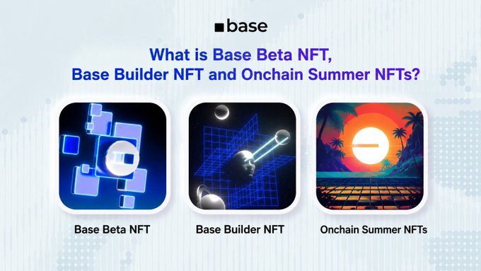 An infographic from Base explaining 'What is Base Beta NFT, Base Builder NFT and Onchain Summer NFTs?' showing three illustrated NFT icons.