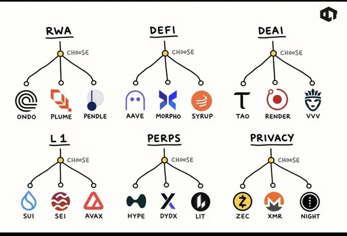 A visual chart titled "Coin Sector Leaders" that organizes notable crypto projects into six categories—RWA (ONDO, PLUME, PENDLE), DEFI (AAVE, MORPHO, SYRUP), DEAI (TAO, RENDER, VVV), L1 (SUI, SEI, AVAX), PERPS (HYPE, DYDX, LIT), and PRIVACY (ZEC, XMR, NIGHT)—each branch connected to a "CHooSE" selection node, highlighting key tickers within each crypto sector.