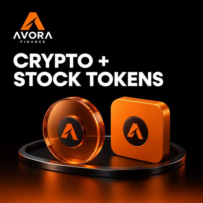 A promotional graphic for Avora Finance advertising 'CRYPTO + STOCK TOKENS' featuring 3D-rendered orange and copper tokens with the Avora logo against a black background.