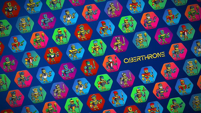 A vibrant pattern of hexagonal tiles featuring cartoon characters, with the text "CYBERTHRONE" prominently displayed, promoting the CyberCore Discord bot's new self-hosted quiz system feature.