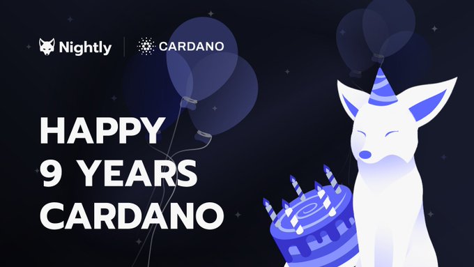 A celebratory graphic for Cardano's 9th anniversary featuring the Nightly fox mascot wearing a party hat next to a blue birthday cake, with the text 'HAPPY 9 YEARS CARDANO'.