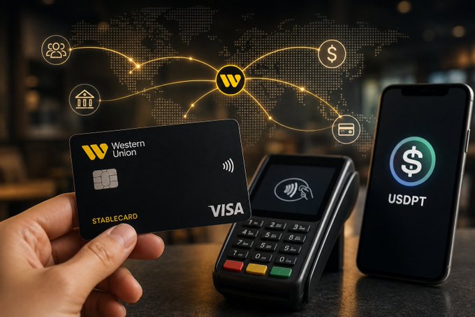A hand holds a Western Union "Stablecard" Visa next to a payment terminal and a smartphone displaying "USDPT," visually illustrating Western Union's new stablecoin-powered wallet and Visa card product. The glowing global network in the background, linked to icons of people, banks, and currency, reinforces the post's message that stablecoins like USDPT are becoming integrated into mainstream payment infrastructure.
