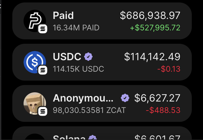 A crypto portfolio screenshot displays holdings including $686,938.97 in Paid (16.34M PAID, +$527,995.72), $114,142.49 in USDC (114.15K USDC, -$0.13), and $6,627.27 in Anonymou... (98,030.53581 ZCAT, -$488.53), with the Paid token gain corroborating the celebratory post about making over $600k on the $PAID token.
