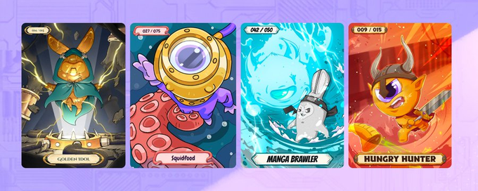 Four colorful trading cards feature cartoon-style creature characters labeled 'GOLDENEGG', 'Squidfood', 'MANGA BRAWLER', and 'HUNGRY HUNTER'.