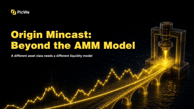 A promotional graphic with a dark background featuring the PicWe logo and text reading 'Origin Mincast: Beyond the AMM Model - A different asset class needs a different liquidity model', alongside a 3D wireframe graphic of a mechanical press.