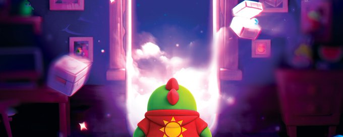 A small green bird-like character wearing a red hoodie with a sun symbol stands before a glowing purple doorway emitting light and floating boxes in a vibrant, stylized room.