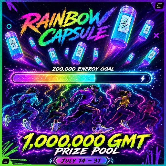 A vibrant "Rainbow Capsule" promo graphic announces a StepN challenge with a 1,000,000 GMT prize pool (potentially doubling to 2,000,000) and a 200,000 energy goal, running from July 14-31 with only 10,000 spots available. The neon-lit design features glowing capsules and energetic runners, visually reinforcing the high-stakes, one-time event mentioned in the caption.