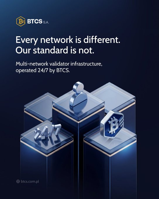 The image features a blue background with white text that reads "Every network is different. Our standard is not." Below this statement, there are five glass cubes stacked vertically against each other, each cube displaying a different number from 7 to 24. The numbers on the cubes represent the hours of operation for the Bitcoin validator infrastructure. The image also includes a logo and contact information for the Bitcoin Foundation.