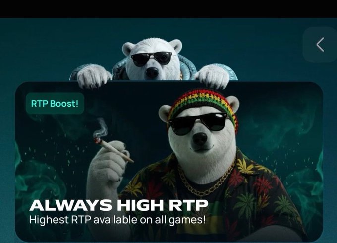 A promotional graphic featuring two polar bears in sunglasses, with text 'RTP Boost!', 'ALWAYS HIGH RTP', and 'Highest RTP available on all games!'