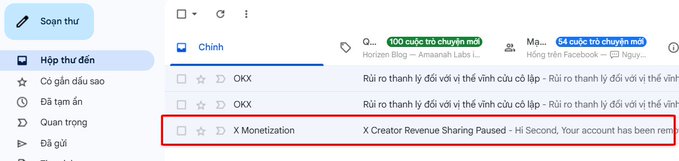 A Gmail inbox showing an email from 'X Monetetization' (highlighted in red) with the subject 'X Creator Revenue Sharing Paused - Hi Second, your account has been rem...'