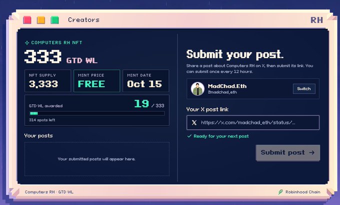 A dashboard interface titled 'Creators' shows a 'COMPUTERS RH NFT' campaign with a supply of 3,333, a free mint price, and a submission section for posting on X to earn GTD WL spots.