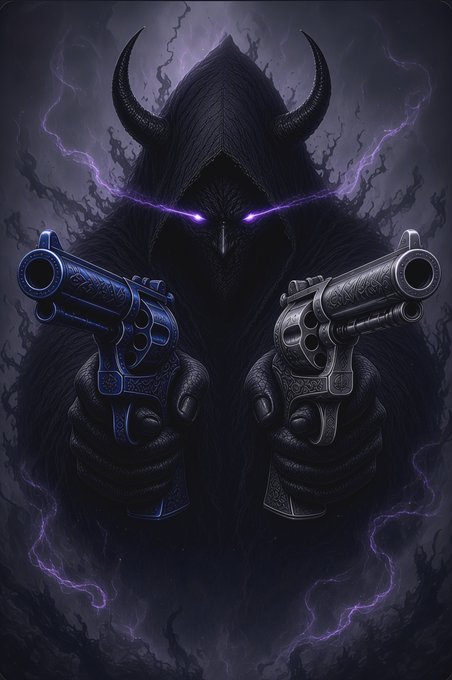 A digital artwork depicts a menacing hooded figure with glowing purple eyes and horns, wielding two ornate pistols surrounded by purple lightning.