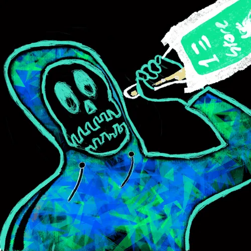A digital illustration depicts a skeletal figure in a blue hooded robe drinking from a green box labeled 'Ocean Ice'.