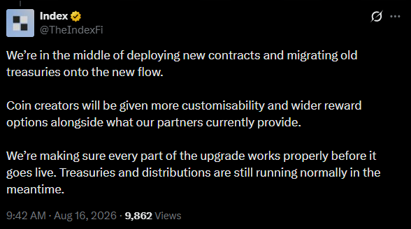 A tweet from Index (@TheIndexFi) dated Aug 16, 2026 announces that the team is deploying new contracts and migrating old treasuries, with coin creators gaining more customizability and reward options alongside partner offerings, while treasuries and distributions continue running normally. The image supports the claim by showing the project's official announcement of contract upgrades, reinforcing the narrative that $INDEX is evolving beyond a simple holding model into a full token creation hub with deeper ecosystem integration.