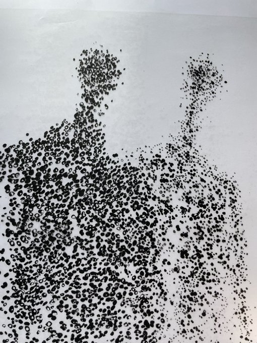 A black and white pointillism-style artwork depicting two figures with raised arms, composed of countless small dots on a light background.