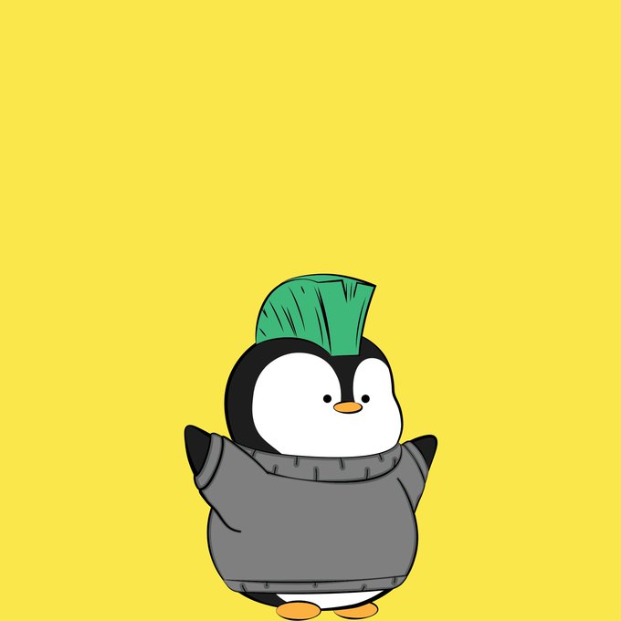 A cartoon penguin character with a green mohawk wearing a gray sweater against a yellow background.