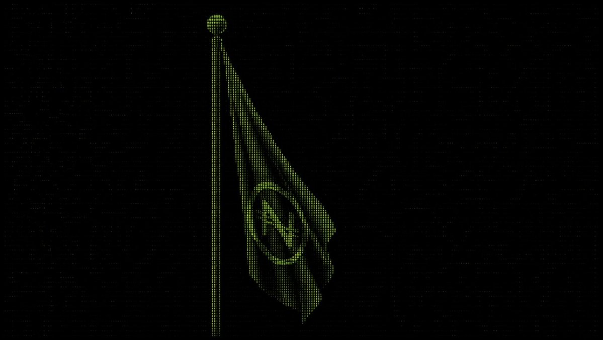 The image features a flag with green dots, which appears to be waving in the wind. It's positioned at the top of a pole, creating an impression that it's flying high above. The background of the image is black, making the flag stand out even more. There are no texts or other objects present in the image.
