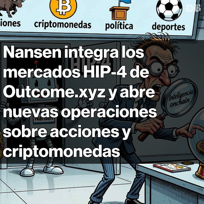 A Spanish-language cartoon illustration with overlaid text reading 'Nansen integra los mercados HIP-4 de Outcome.xyz y abre nuevas operaciones sobre acciones y criptomonedas,' showing a detective-like character examining icons for cryptocurrencies, politics, and sports.