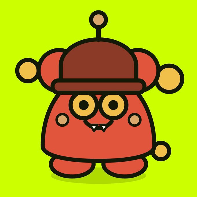 A cartoonish red blob-like character with a dome-shaped hat, antenna, and fangs stands against a bright green background.